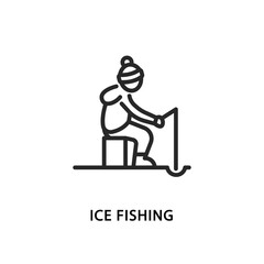 Ice fishing flat line icon. Vector illustration of a man in warm clothes who is fishing