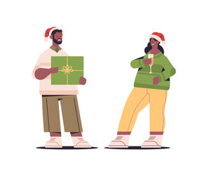 african american couple in santa claus hats having fun with presents gift boxes happy new year and merry christmas holidays celebration concept horizontal full length vector illustration