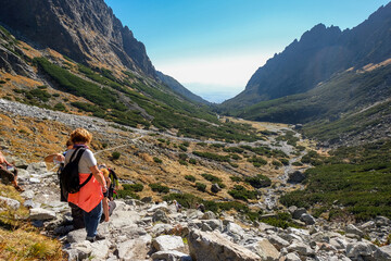 Hikers on trail at Great Cold Valley,  Vysoke Tatry (High Tatras), Slovakia. The Great Cold Valley is 7 km long valley, very attractive for tourists