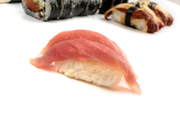 Macro photo of salmon nigiri sushi and maguro tuna