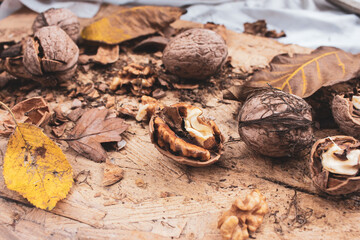 Walnuts and leaves top view. Autumn nature close up. Cracked nuts and dried leaves. Antioxidant and omega concept. Healthy raw food. Group of open nuts and nutshell. Organic ingredients. 