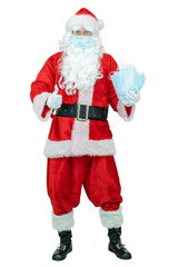 Santa Claus wearing a covid medical mask, holds mask or respirators epidemic or coronavirus protection. Santa shows thumb finger up