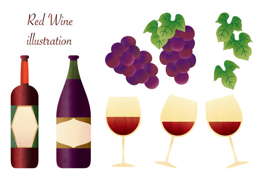 set illustration of red wine bottles and glasses