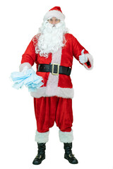 Santa Claus holds covid medical mask or respirators epidemic or coronavirus protection. Santa shows thumb finger up
