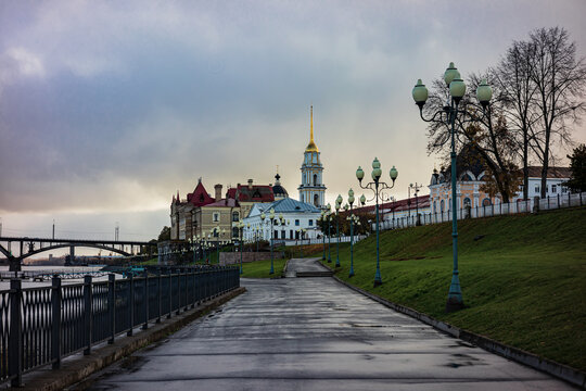 Volga embankment with a view of the Transfiguration Cathedral. Rybinsk, Russia