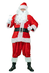 Santa drinks milk, shows thumb finger up. Santa Claus is drinking glass of milk on white background. Christmas coming