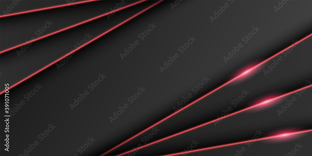 Wall mural abstract metallic black frame background, triangular overlap layer with bright red light line, diago
