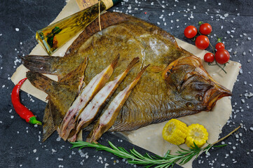 Appetizing, delicious smoked fish on the kitchen board. Smoked fish with spices and vegetables.