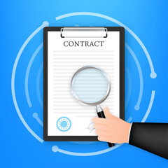 Hand checking contract with a magnifying glass before signing. Vector stock illustration.
