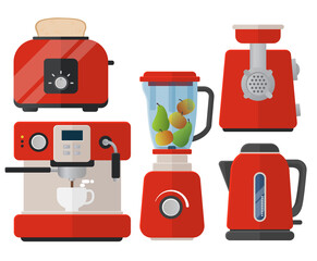 Kitchen appliances flat icons set. Set of cooking red elements. Vector.