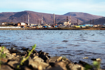 Contaminated lake and metallurgical plant in Norilsk