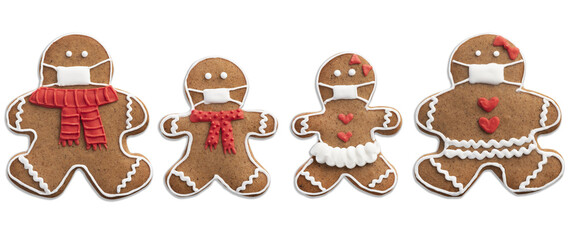 Gingerbread Man Family Wearing Face Mask. Coronavirus Protection Concept. Funny Christmas. Isolated on White