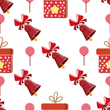 Christmas pattern. Seamless with colorful box, bell and candy. On a white background. Vector festive background with decor. Happy New Year and Merry Christmas. For print and web pages.