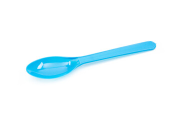 Blue plastic spoon isolated on white background.