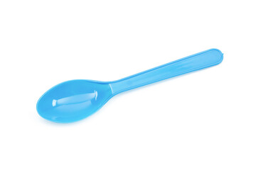 Blue plastic spoon isolated on white background.
