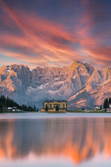 Beautiful Sunrise at Misurina Lake in Italian Dolomites Mountains