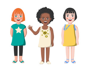 Multiethnic friends. Three different kid faces. Asian, african and caucasian standing in summer clothes. isolated vector illustration