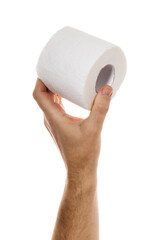 Hand holds roll of toilet paper isolated on white background, closeup