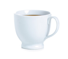 White cup with black tea on white background isolation
