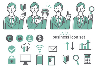 シンプルでお洒落な線画のビジネスマンアイコンセット