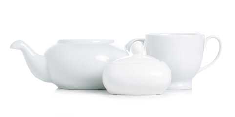 Tea set - Teapot, cup, sugar bowl on white background isolation