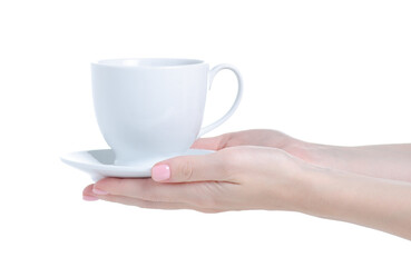 White cup and saucer with black tea in hand on white background isolation