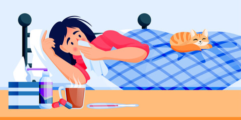 Flu sick woman lying in bed under blanket with sleeping red cat. Drugstore vector poster or banner background