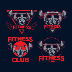 set of fitness logo of strong man holding dumbbell in different shape and badges