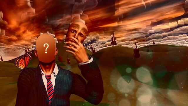 Man removes face showing question in surreal landscape with cello