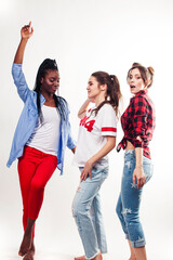 Obraz premium diverse nation girls group, teenage friends company cheerful having fun, happy smiling, cute posing isolated on white background, lifestyle people concept