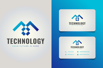 Fototapeta na wymiar Initial letter M forms a house in blue gradient concept, suitable for technology or communication company logo