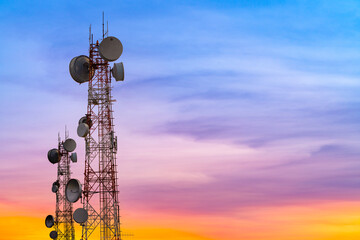 telecommunication tower at sunset sky background - obrazy, fototapety, plakaty