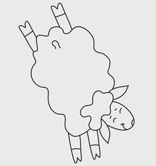 Yoga pets. A cute funny sheep go in for sports and gymnastics, stands in an asana and Fitness and stretching. Sheep yoga drawing. Vector illustration. Outline, Line, contour. Farm animal logo
