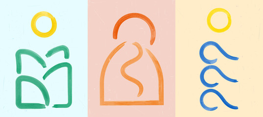 Vector illustration. Abstract contemporary aesthetic backgrounds. Design for cover, poster, postcard, card, flyer, brochure. Wall decor. Modern art print. Watercolor painting. Landscaped scene concept