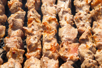 Pork fried with a crust shish kebab on wooden skewers close up