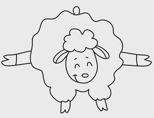 Yoga pets. A cute funny sheep go in for sports and gymnastics, stands in an asana and Fitness and stretching. Sheep yoga drawing. Vector illustration. Outline, Line, contour. Farm animal logo