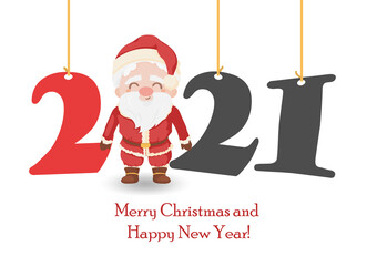 2021 New Year and Christmas illustration with Santa Claus isolated on white. 2021 Christmas poster. 