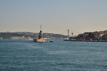 Fototapeta premium View of the Bosphorus and Maiden's Tower, Uskudar, Istanbul, Turkey, July 2018