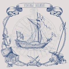 Adventure stories. Pirate background. Old caravel, vintage sailboat. Cannon, ghost ship, shipwreck, sea battle