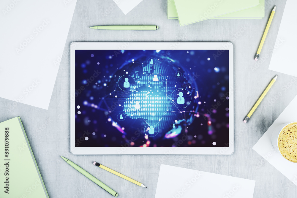 Poster Social network concept with world map on modern digital tablet screen. Top view. 3D Rendering
