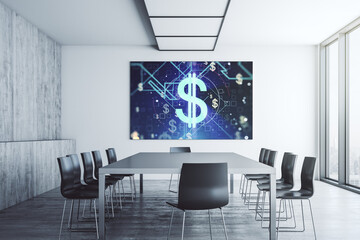 Creative USD symbols hologram on presentation tv screen in a modern meeting room. Banking and investing concept. 3D Rendering