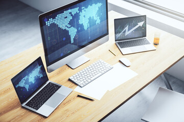 Fototapeta premium Abstract creative world map on modern laptop screen, international trading concept. 3D Rendering