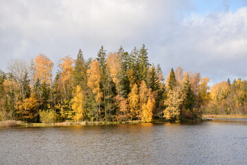 Fototapeta na wymiar Beautiful fall season colors by lakeside