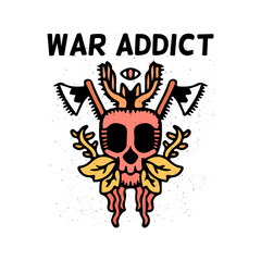 war addict, skull, axe, and leaf, illustration for t shirt, poster, logo, sticker, or apparel merchandise.
