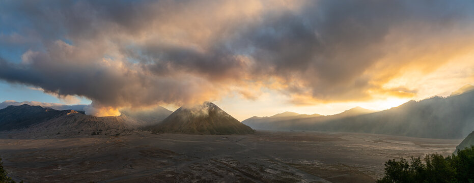 Beautiful Panoramic sunset view of Bromo active volcano in Bromo Tengger Semeru National Park,  East Java, Indonesia