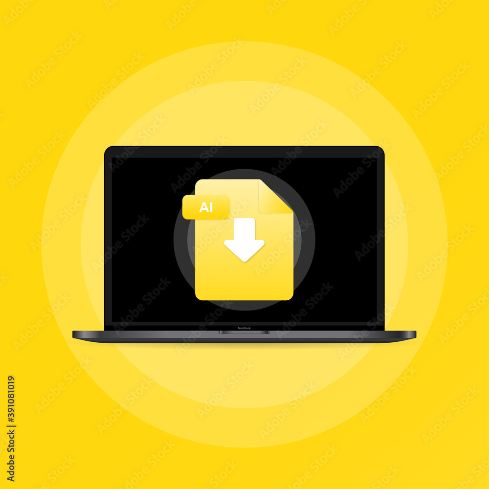 Poster laptop and download ai file icon. document downloading concept. ai label and down arrow sign. vector