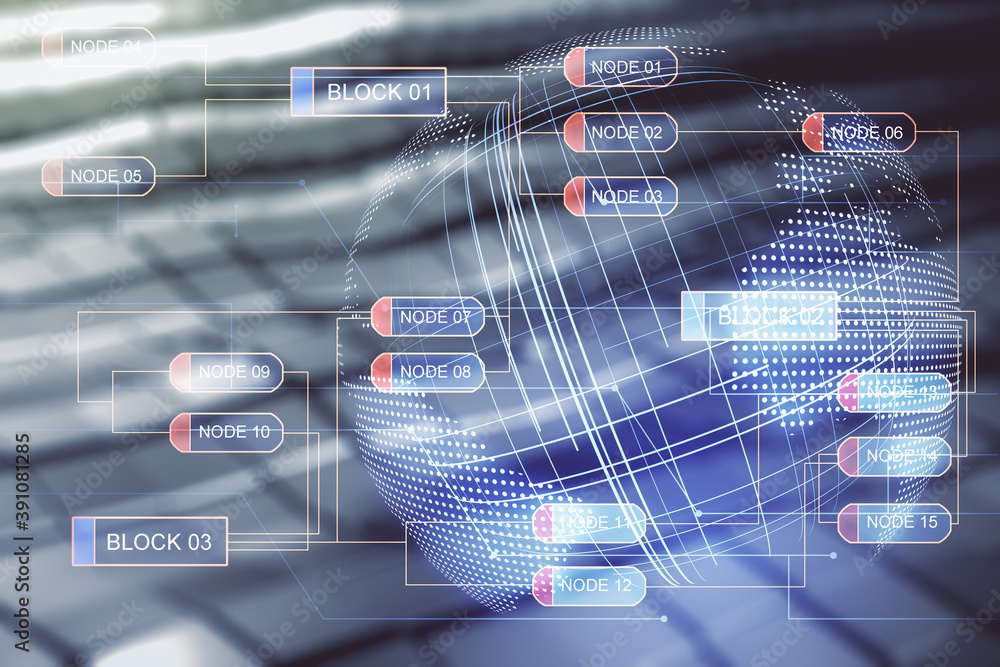 Aufkleber abstract virtual coding concept and world map hologram on blurry abstract metal background. multiexp