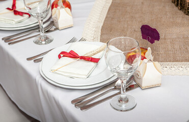 Elegant tables set up for a wedding banquet