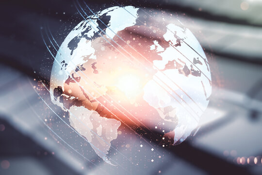 Abstract creative world map interface on blurry abstract metal background, international trading concept. Multiexposure