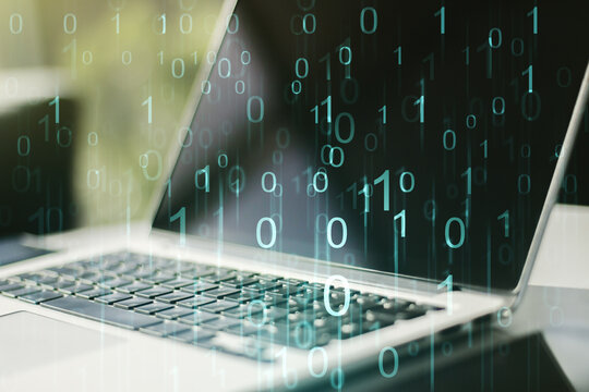 Creative abstract binary code hologram on modern computer background, AI and machine learning concept. Multiexposure